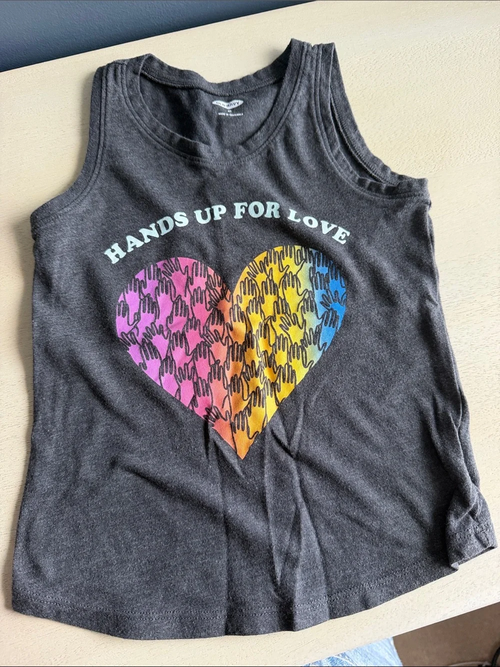 Old Navy Charcoal Tank Top with Pink Yellow Blue Heart Graphic